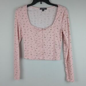 Harper&Ivy Women S Pink Ribbed Floral Long Sleeve Button Front Crop Cardigan Top